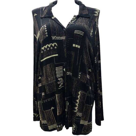 Vikki Vi Black Green Print Button Down Blouse Cardigan Tunic Top Long Sleeve  2X - Picture 1 of 5